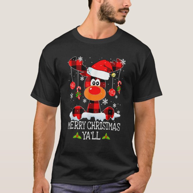 Merry Christmas Ya'll Reindeer Santa Hat Buffalo R T-Shirt (Front)