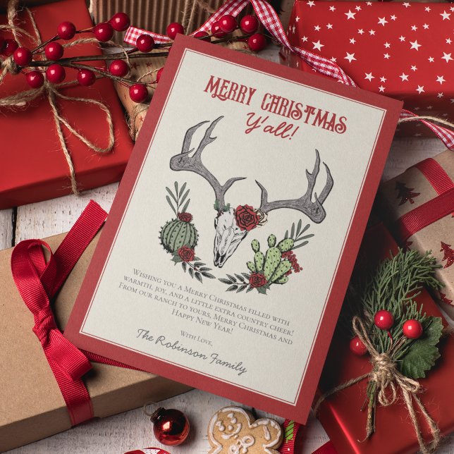 Merry Christmas Y'All Reindeer Skull and Cactus Holiday Card (Country Western Merry Christmas Y'All Xmas Card. Hand-Drawn Reindeer, Antlers, Cactus, Red Roses.)
