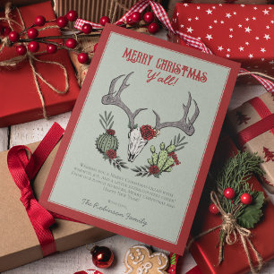Merry Christmas Y'All Reindeer Skull and Cactus Holiday Card