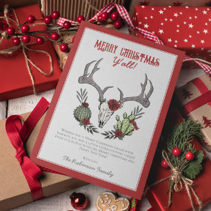 Merry Christmas Y'All Reindeer Skull and Cactus Holiday Card