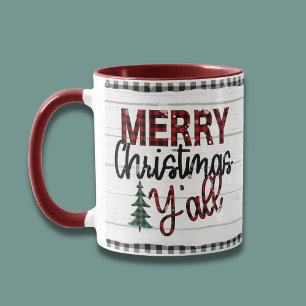 Merry Christmas Y'all Rustic Plaid Trees Holidays Mug