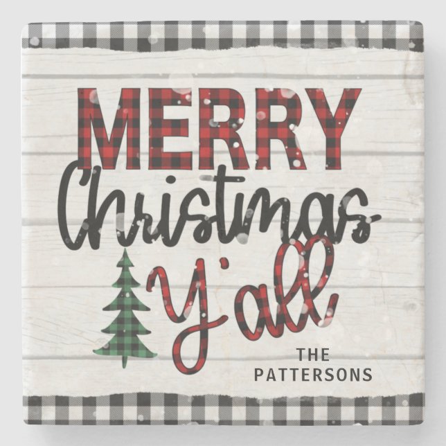 Merry Christmas Y'all Rustic Plaid Trees Name Stone Coaster (Front)