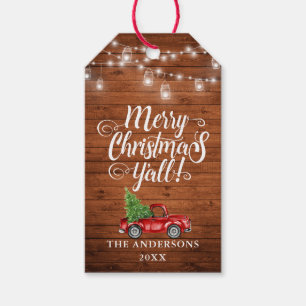 Merry Christmas Y'all Rustic Wood Jar Lights Truck Gift Tags