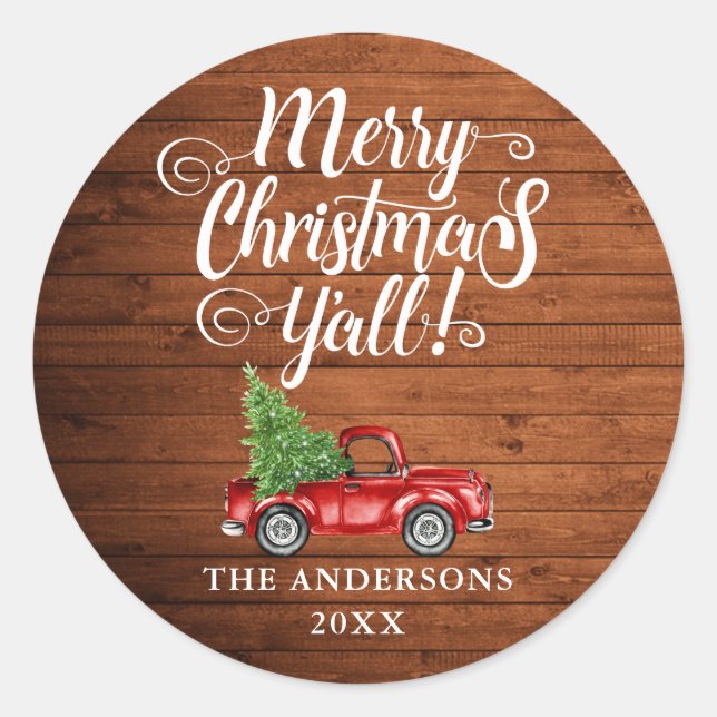 Merry Christmas Y'all Rustic Wood Truck Classic Round Sticker (Front)