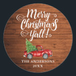 Merry Christmas Y'all Rustic Wood Truck Classic Round Sticker<br><div class="desc">Merry Christmas Y'all Rustic Wood Round Sticker - Watercolor Vintage Red Truck with Christmas Tree</div>