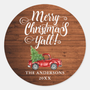 Merry Christmas Y'all Rustic Wood Truck Classic Round Sticker