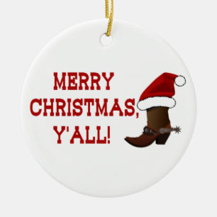 Merry Christmas Y'all - Santa Boot (White Back) Ceramic Tree Decoration