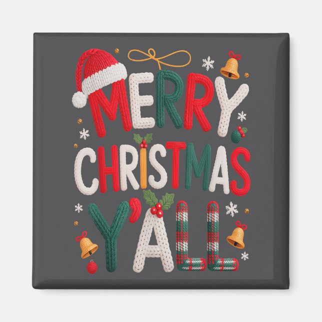 Merry Christmas Y'all Santa Hat Crochet Knitting Q Magnet (Front)