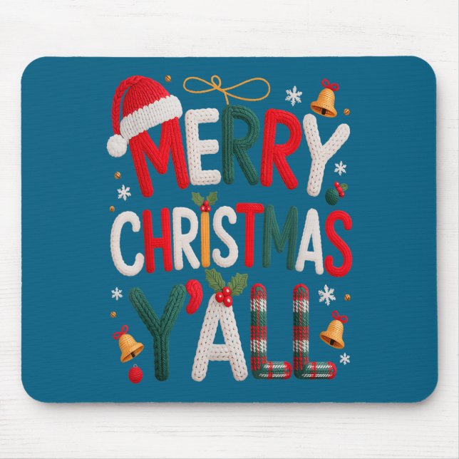 Merry Christmas Y'all Santa Hat Crochet Knitting Q Mouse Mat (Front)