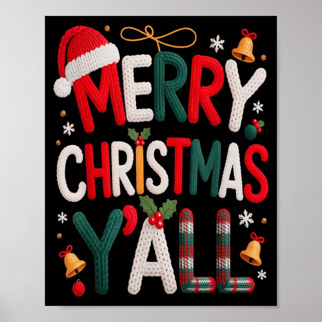 Merry Christmas Y'all Santa Hat Crochet Knitting Q Poster (Front)