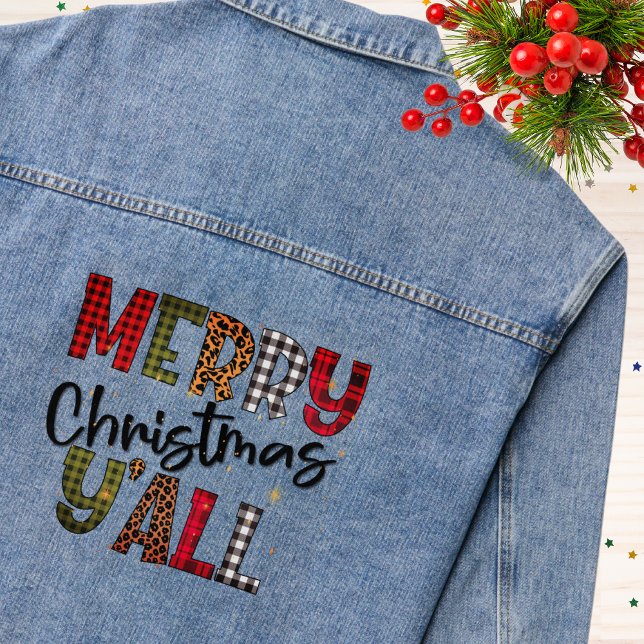 Merry Christmas Y'all Tartan Leopard Print Modern Denim Jacket (Creator Uploaded)