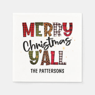 Merry Christmas Y'all Tartan Leopard Print Name Napkin
