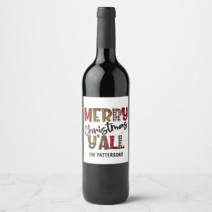 Merry Christmas Y'all Tartan Leopard Print Name Wine Label