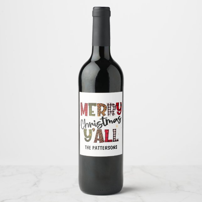 Merry Christmas Y'all Tartan Leopard Print Name Wine Label (Front)