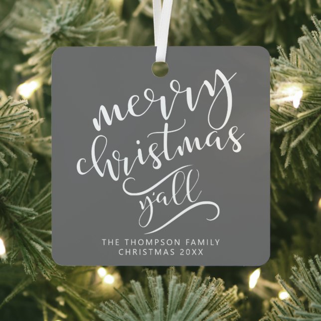 Merry Christmas Y'all Texas Holiday Photo Metal Tree Decoration (Insitu)