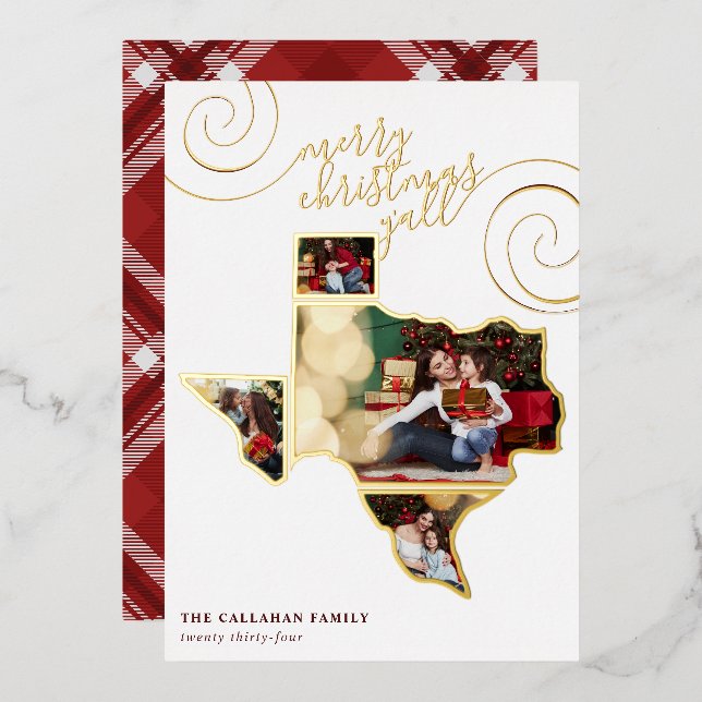 Merry Christmas Y'all | Texas Map Photo Collage Foil Holiday Card (Front/Back)