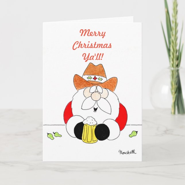 Merry Christmas Ya'll Texas Santa with Beer Holiday Card (Front)