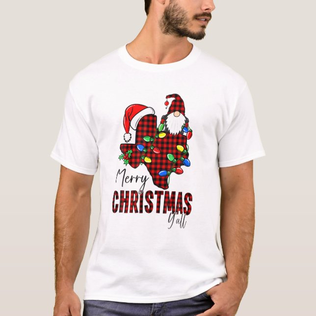 Merry Christmas Y'all Texas State Red Plaid T-Shirt (Front)