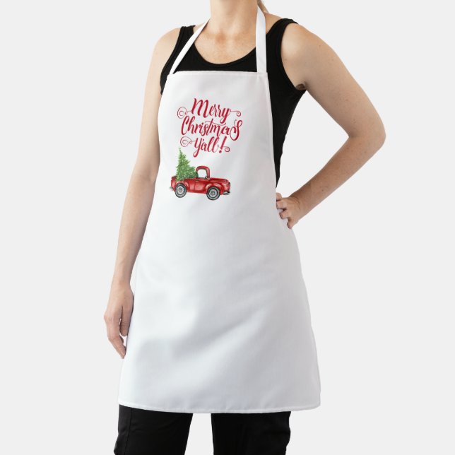 Merry Christmas Y'all Vintage Red Truck Christmas Apron (Insitu)