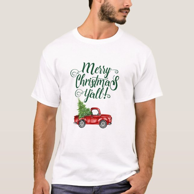 Merry Christmas Y'all Vintage Truck Christmas T-Shirt (Front)