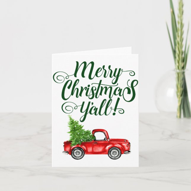 Merry Christmas Yall Vintage Truck White Green  Card (Front)