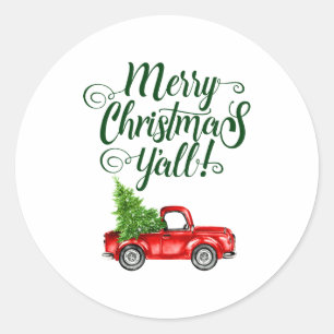 Merry Christmas Yall Vintage Truck White Green Classic Round Sticker
