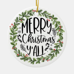 Merry Christmas Y'all Watercolor Wreath Ceramic Tree Decoration