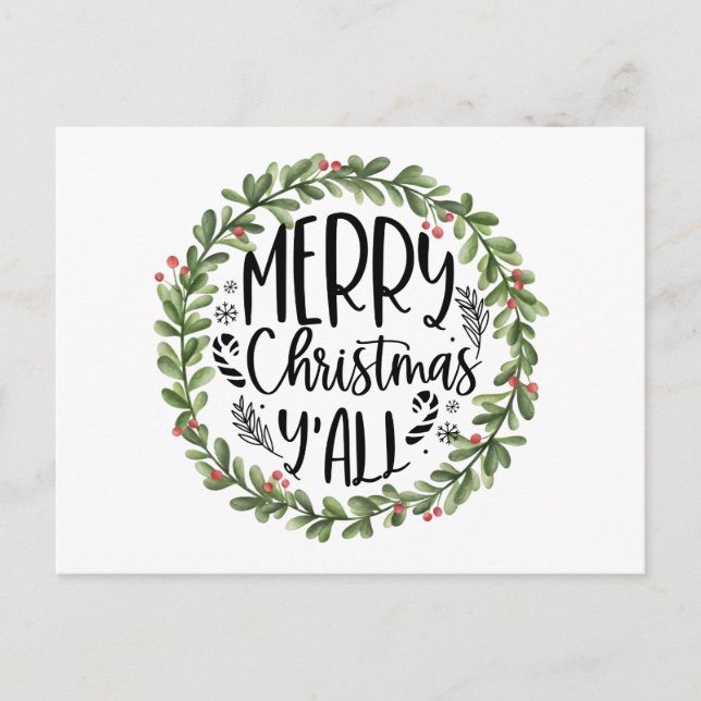 Merry Christmas Y'all Watercolor Wreath Holiday Postcard (Front)