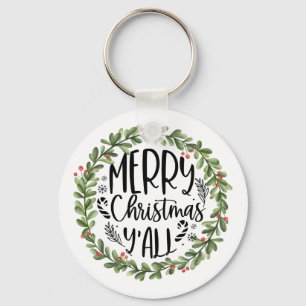 Merry Christmas Y'all Watercolor Wreath Key Ring