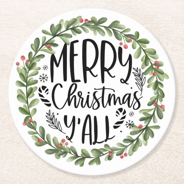 Merry Christmas Y'all Watercolor Wreath Round Paper Coaster (Front)