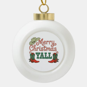 Merry Christmas Yall Western Country Cowboy Xmas Ceramic Ball Christmas Ornament