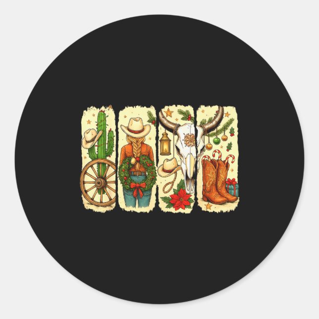 Merry Christmas Y'all Western Country Howdy Cowgir Classic Round Sticker (Front)