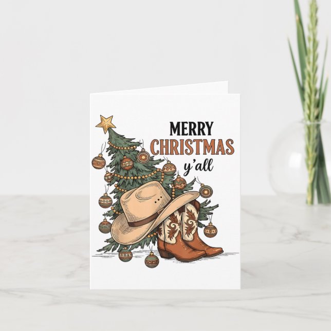 Merry Christmas Y'all Western Cowboy Boots Hat Xma Card (Front)