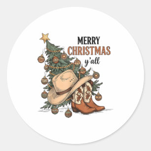 Merry Christmas Y'all Western Cowboy Boots Hat Xma Classic Round Sticker