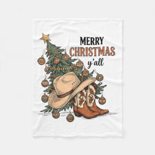 Merry Christmas Y'all Western Cowboy Boots Hat Xma Fleece Blanket