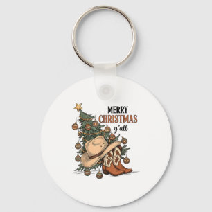Merry Christmas Y'all Western Cowboy Boots Hat Xma Key Ring