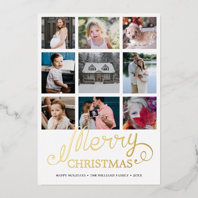 Merry Christmas Year in Review 9 Photo Collage Foil Holiday Card (Front)