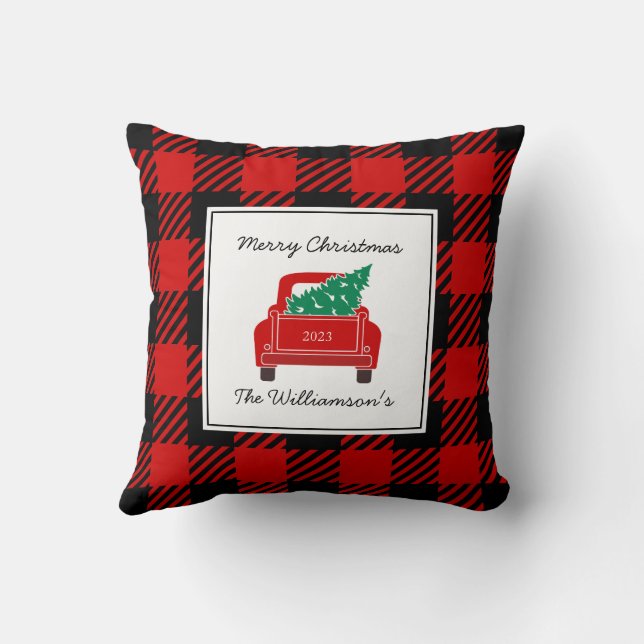 Merry Christmas Year Name Red Truck Tree Festive  Cushion (Back)