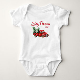 Merry Christmas Year Watercolor Vintage Red Truck Baby Bodysuit