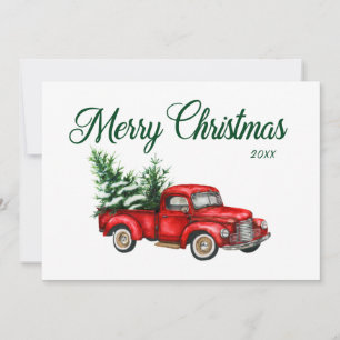 Merry Christmas Year Watercolor Vintage Red Truck Holiday Card