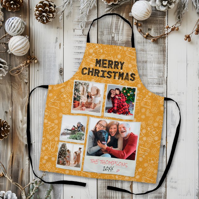 Merry Christmas Yellow Doodles 5 Photo Family Gift Apron (Creator Uploaded)