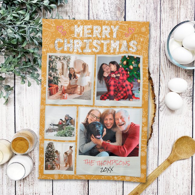 Merry Christmas Yellow Doodles 5 Photo Family Gift Tea Towel (Creator Uploaded)