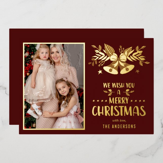 Merry Christmas Yellow Family Photo Foil Holiday Card (Front/Back)