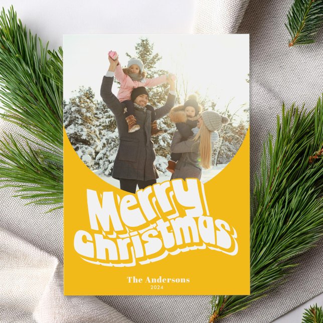 Merry Christmas Yellow Fun Retro Photo Holiday Card (Creator Uploaded)