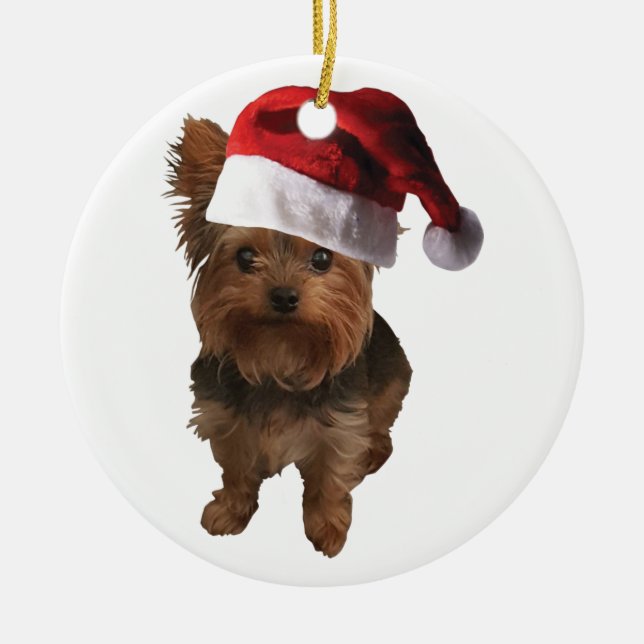 Merry Christmas Yorkie Ceramic Tree Decoration (Front)