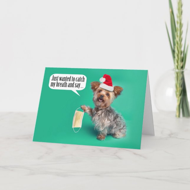 Merry Christmas Yorkie Dog Holding Face Mask Card (Front)