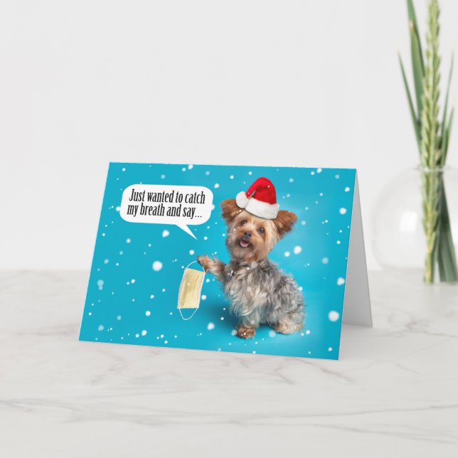 Merry Christmas Yorkie Dog in Santa Hat Face Mask Holiday Card (Front)
