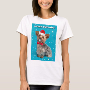Merry Christmas Yorkie Dog in Santa Hat Smiling T-Shirt