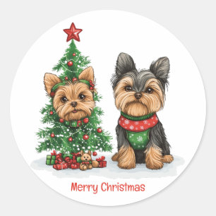 Merry Christmas Yorkie Dogs Classic Round Sticker