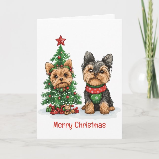 Merry Christmas Yorkie Dogs Holiday Card (Front)